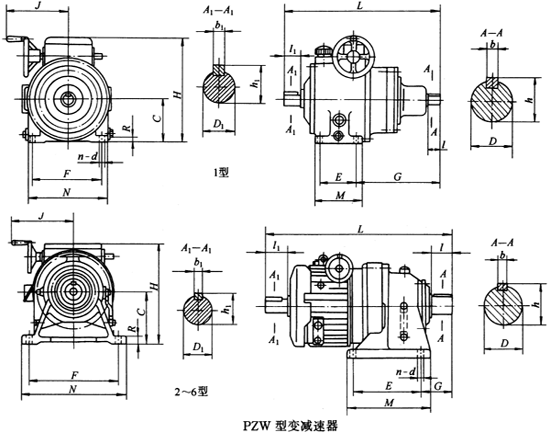 PZW普通型(臥式雙軸型)變減速器主要尺寸JB/T 7254-1994